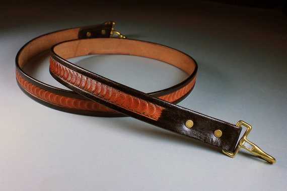 Handbag Strap, Hand Tooled Leather, Scallop Design, Two Tone, Black and Brown, Replacement Strap,