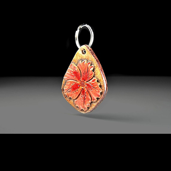 Leather Flower Keychain, Hand Tooled Key Fob
