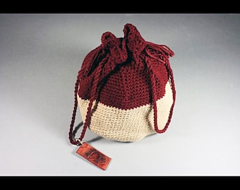 Crochet Drawstring Bag With Hand Tooled Leather Key Ring, Boho Bag, Hippie Bag, Cranberry and Sandstone Bag, Handmade