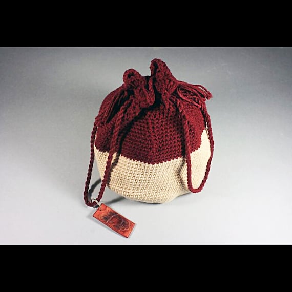 Crochet Drawstring Bag With Hand Tooled Leather Key Ring, Boho Bag, Hippie Bag, Cranberry and Sandstone Bag, Handmade