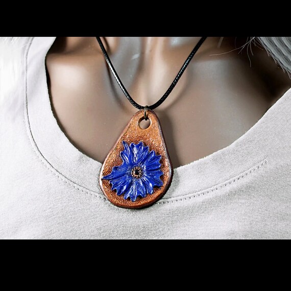 Leather Necklace, Hand Tooled Leather Pendant, Blue Floral, Handmade