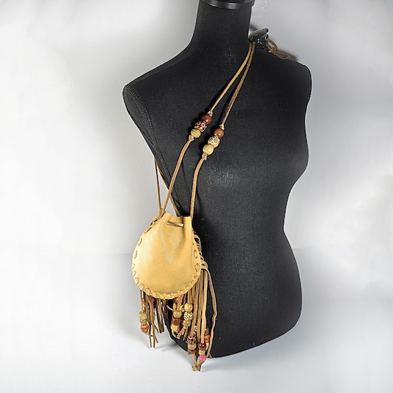 Handmade Soft Leather Crossbody Bag: Beaded Fringe, Festival Style