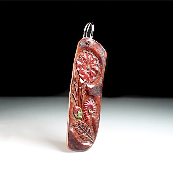 Leather Keychain, Hand Tooled Leather, Floral Keychain, Purse Accessory, Zipper Pull, Adornment, Decoration