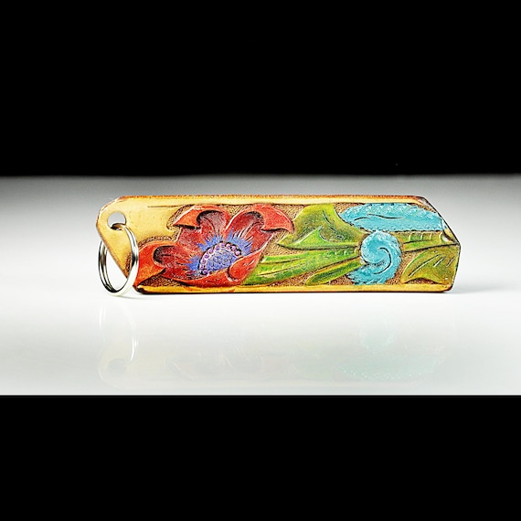 Handmade Tooled Leather Keychain with Hand Painted Red Flower and Leaves,  Durable Leather Key Fob