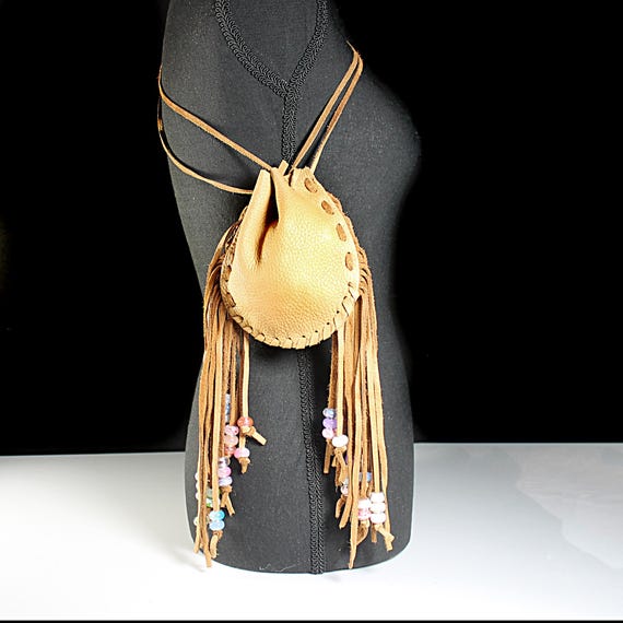 Handmade Soft Leather Drawstring Crossbody Bag with Beaded Fringe - 6x6 Inch Handstitched Leather Bag | Festival, Western, or Everyday Wear