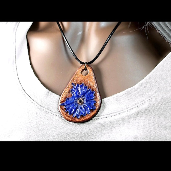 Leather Flower Necklace – Hand Tooled Blue Floral Pendant on Black Cord – Handmade Botanical Jewelry