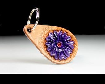 Purple Flower Leather Keychain, Hand Tooled Leather, Purse Accessory, Zipper Pull, Adornment, Decoration