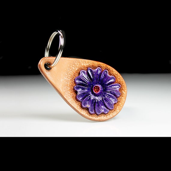 Purple Flower Leather Keychain, Hand Tooled Leather, Purse Accessory, Zipper Pull, Adornment, Decoration