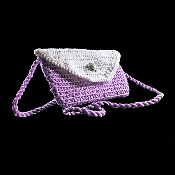 Crochet Lilac and White Handbag With Leather Interior, Handmade Purse