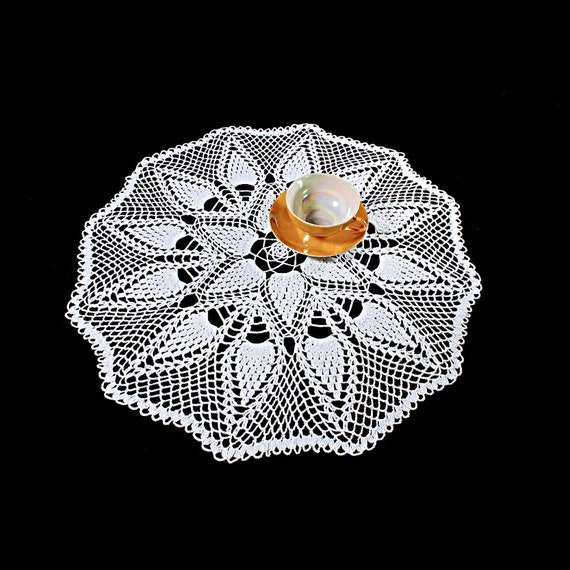 White Crochet Doily, 22 inches, Round, Tablecloth, Fine Art Crochet, Pinecone