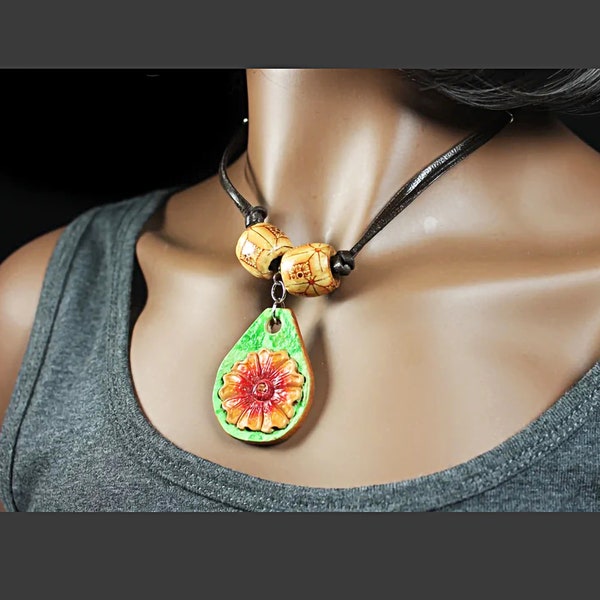 Leather Necklace, Hand Tooled Leather Pendant, Wooden Beads, Red Floral, Handmade