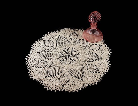 Crochet Doily, Round, 13-inch, Ecru (Natural), Crochet Mat, Crochet Lace, Fine Art Crochet, Blooming Pineapple
