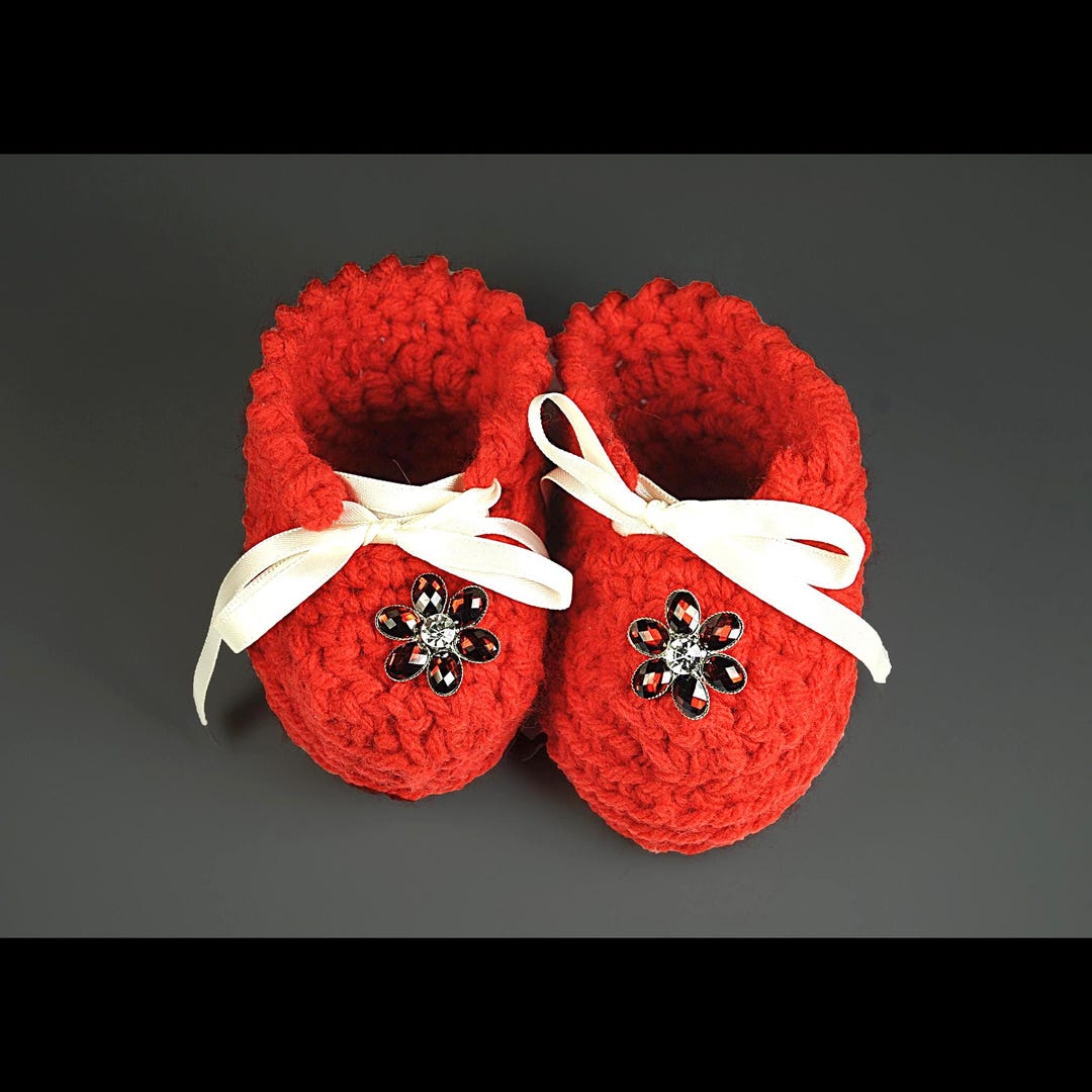 Red Crochet Baby Booties, Rhinestone Flower, Ribbon Ties, Handmade ...