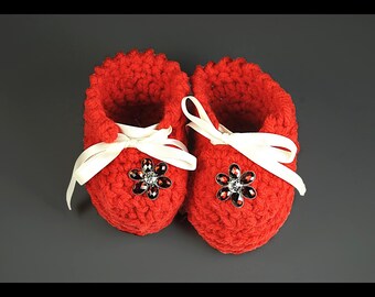 Red Crochet Baby Booties, Rhinestone Flower, Ribbon Ties, Handmade Newborn Gift