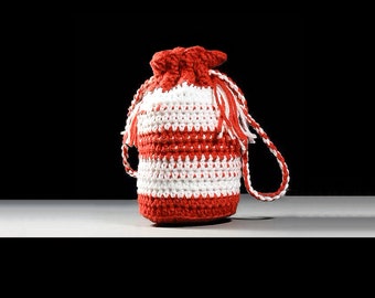 Wristlet, Handbag, Mini Tote, Drawstring Bag, Boho Bag, Hippie Bag, Red and White, Handmade, Crochet, Valentines Gift