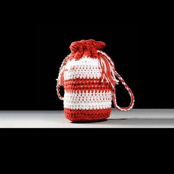 Wristlet, Handbag, Mini Tote, Drawstring Bag, Boho Bag, Hippie Bag, Red and White, Handmade, Crochet, Valentines Gift