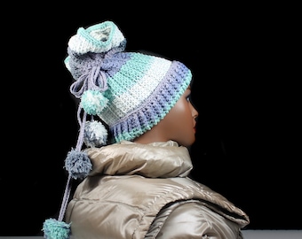 ハンドメイド 多色 ニット帽 ビーニー　かぎ針編み　手ずくり　モヘア ポンポン付きハンドメイドかぎ針編み冬帽子：マルチカラー