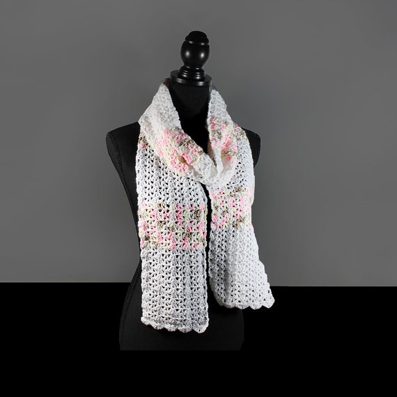 Crochet Women's Scarf, Outerwear, Multicolor and White, 80 Inch, Women's Clothing, Winter Accessory