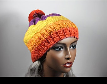 Winter Hat, Hand Knit, Pom Pom, Multicolored, Pull-On, Ski Hat