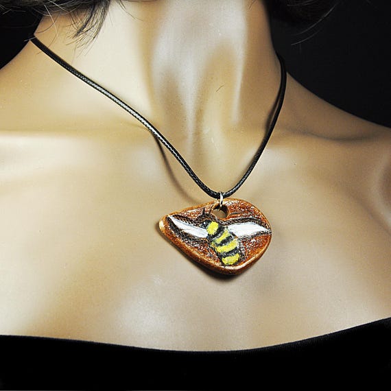 Handmade Leather Bee Necklace - Hand-Tooled Pendant on Waxed Cotton Cord with Extender