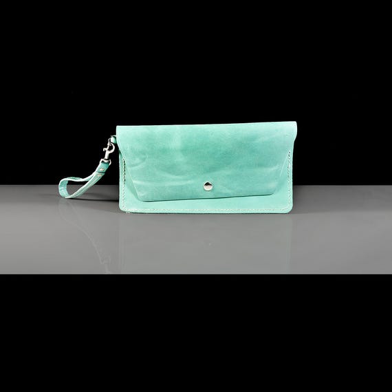 Hand-Stitched Turquoise Leather Wristlet Clutch – Genuine Leather Purse with Detachable Strap – Women’s Leather Bag