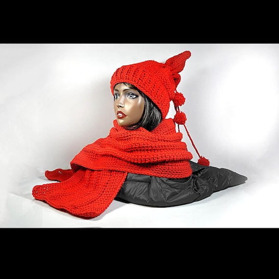 Handmade Red Crochet Hat and Scarf Set, Tunisian Stitch Winter Accessories