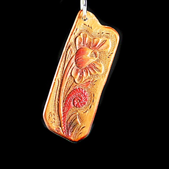 Leather Keychain, Hand Tooled Leather, Red Floral, Scroll Foliage, Purse Accessory, Zipper Pull, Adornment, Decoration