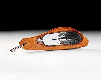 Leather Keychain, Hand Tooled Leather, Feather, Purse Accessory, Zipper Pull, Adornment, Decoration