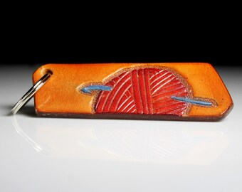Leather Keychain, Hand Tooled Leather, Crochet Hook and Yarn, Purse Accessory, Zipper Pull, Adornment, Decoration