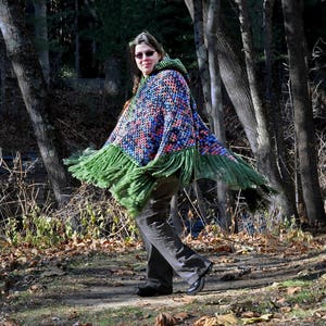 Handmade Crochet Hooded Poncho with Long Fringe – Cozy, Boho Chic, One Size Fits All, Multicolor and Green, Granny Square Design