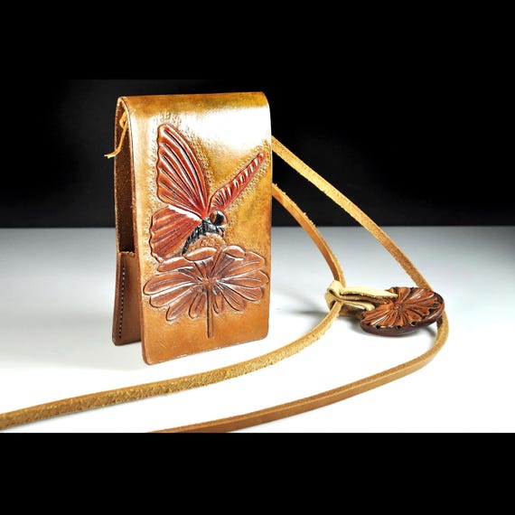 One of a Kind Hand Tooled Leather Crossbody – Butterfly & Flower Wearable Art