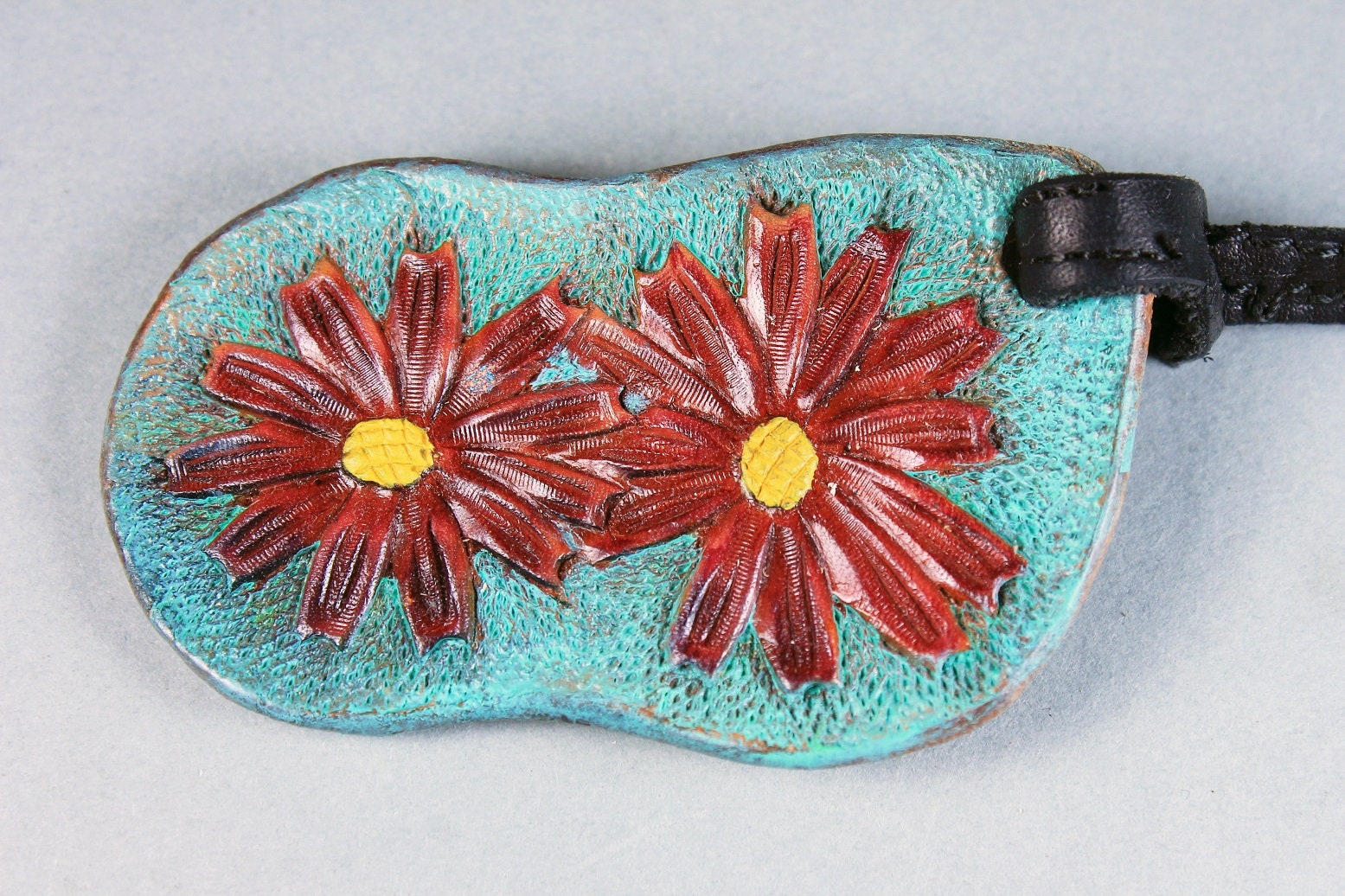 Leather Handbag Charm, Hand Tooled Leather, Flower Design, Two Color