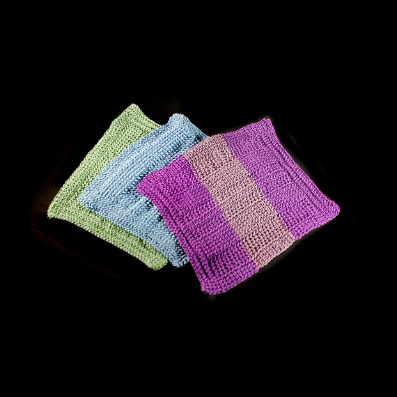 Crochet Dishcloths, Square Cloths, Handmade, 100% Cotton Thread, Blue Green and Purple, Set of 3