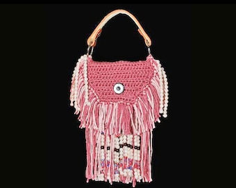 Southwestern Style Crochet Beaded and Fringed Top Handle Bag, Hand Tooled Leather Handle, Leather interior