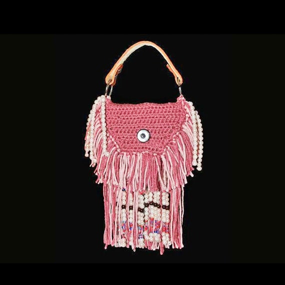 Southwestern Style Crochet Beaded and Fringed Top Handle Bag, Hand Tooled Leather Handle, Leather interior