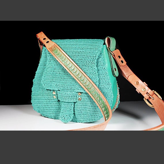 Turquoise Leather and Crochet Cross Body Bag, Leather Interior, Hand Tooled Leather Strap, Crochet Exterior, Womens Gift, Handbag