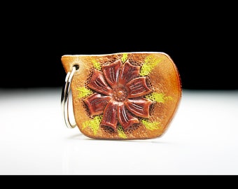 Leather Keychain, Hand Tooled Leather, Flower Keychain, Purse Accessory, Zipper Pull, Adornment, Decoration