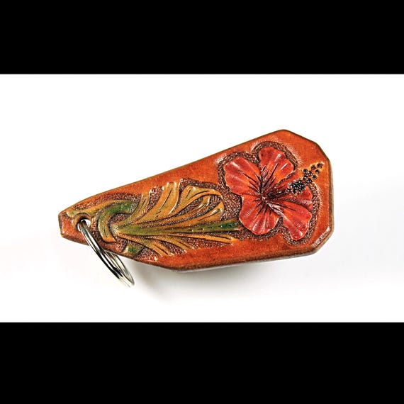 Hand Tooled Leather Keychain, Red Hibiscus Flower Key Fob