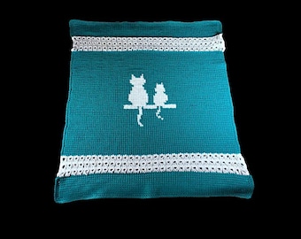 Tunisian Crochet Cat Silhouette Blanket, Teal White Throw Afghan, 31x26