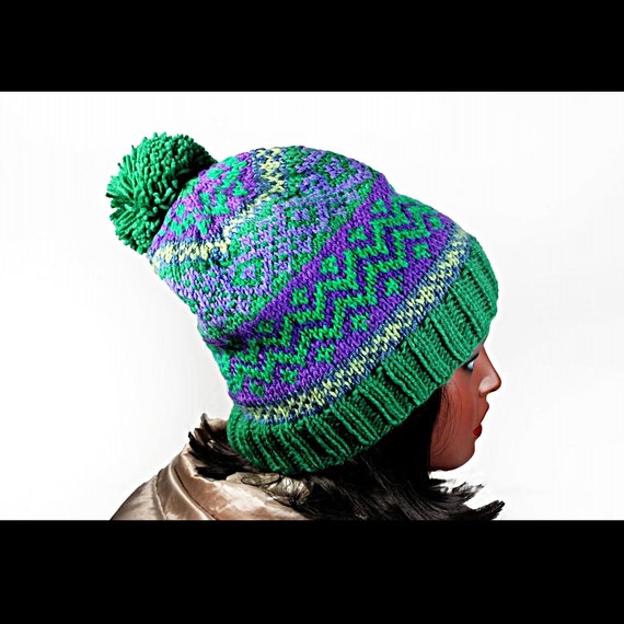 Winter Hat, Hand Knit, Fair Isle, Floral, Greens and Purple, Pom Pom, Pull-Over, Ski Hat