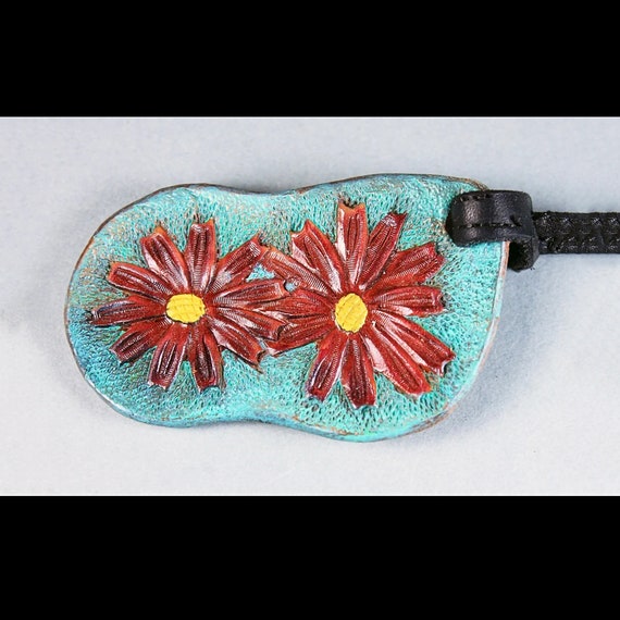 Leather Handbag Charm, Hand Tooled Leather, Flower Design, Two Color, Floral Charm