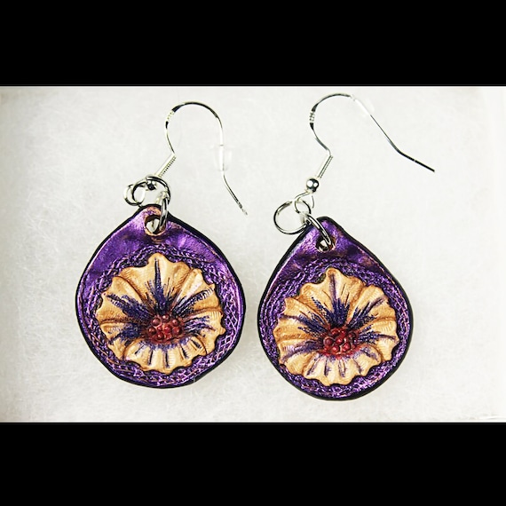 Leather Purple Flower Earrings, Hand Tooled Leather, Silver Tone French Hook Ear Wires, Jewelry