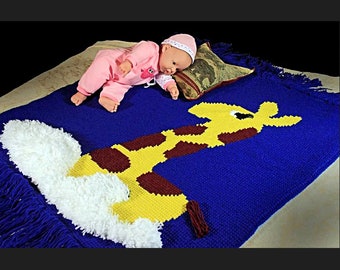 Tunisian Crochet Giraffe Baby Blanket, Faux Fur Lined, 50x37
