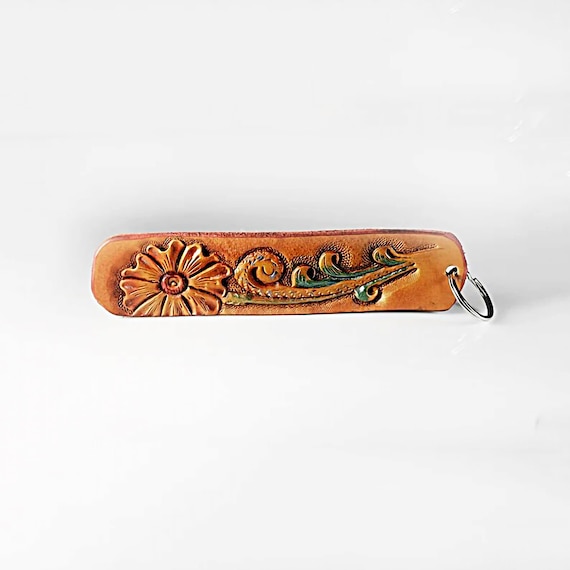 Leather Keychain, Hand Tooled Leather, Floral Keychain, Purse Accessory, Zipper Pull, Adornment, Decoration