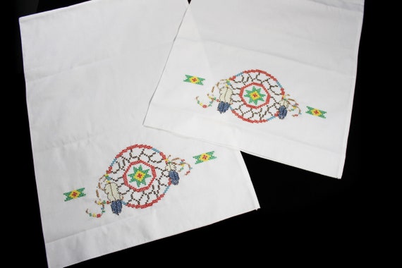 Embroidered Pillowcases, Dreamcatcher, Standard Size, Cross Stitch, Set of 2