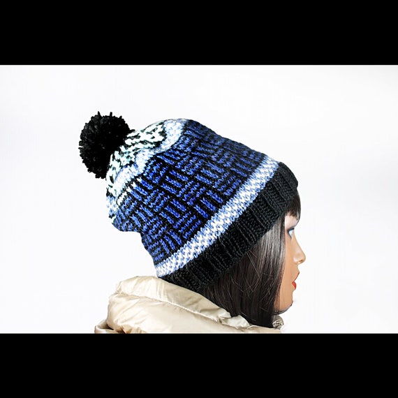 Winter Hat, Hand Knit, Fair Isle, Floral, Black Blues and White, Pom Pom, Pull-Over, Ski Hat