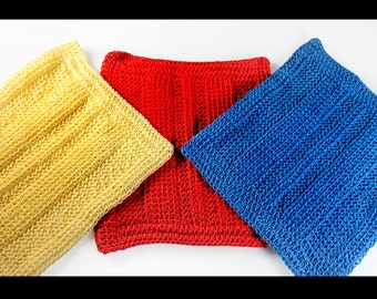 Crochet Dishcloths, Square Cloths, Handmade, 100% Cotton Thread, Red Blue and Yellow, Set of 3