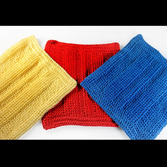 Crochet Dishcloths, Square Cloths, Handmade, 100% Cotton Thread, Red Blue and Yellow, Set of 3