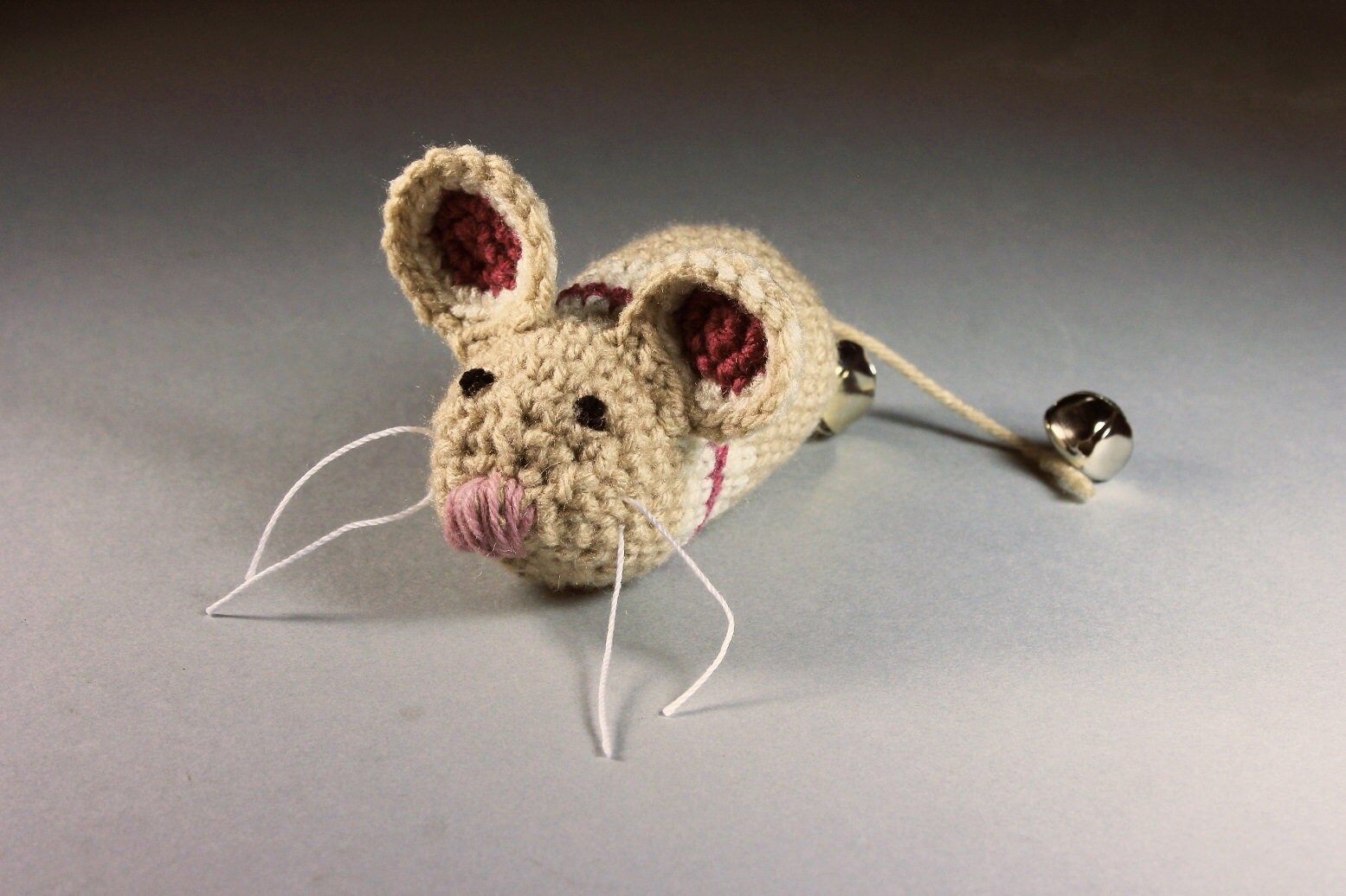 Catnip Toy Mouse, Mouse With Bell, Beige with Stripes, Crocheted, Pet