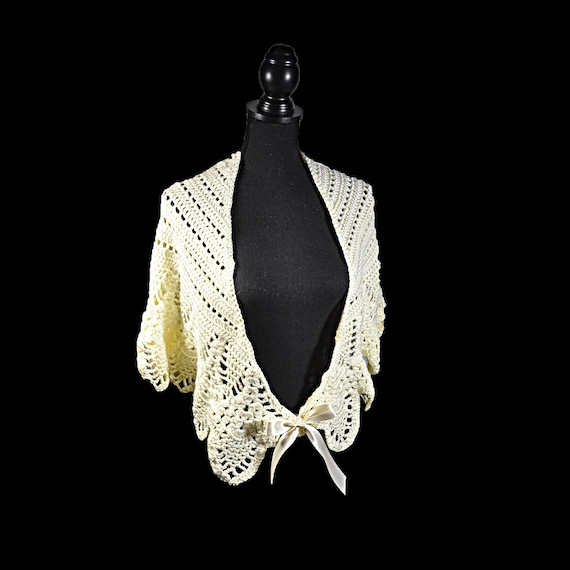 Handmade Crochet Shawl in Off-White with Ribbon Tie – One of a Kind Lacy Wrap